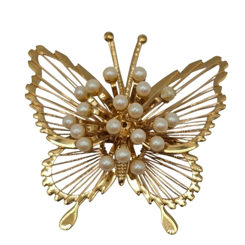 Vtg Brooch Lot 2pc Gold Tone Faux Pearl Statement 2.5